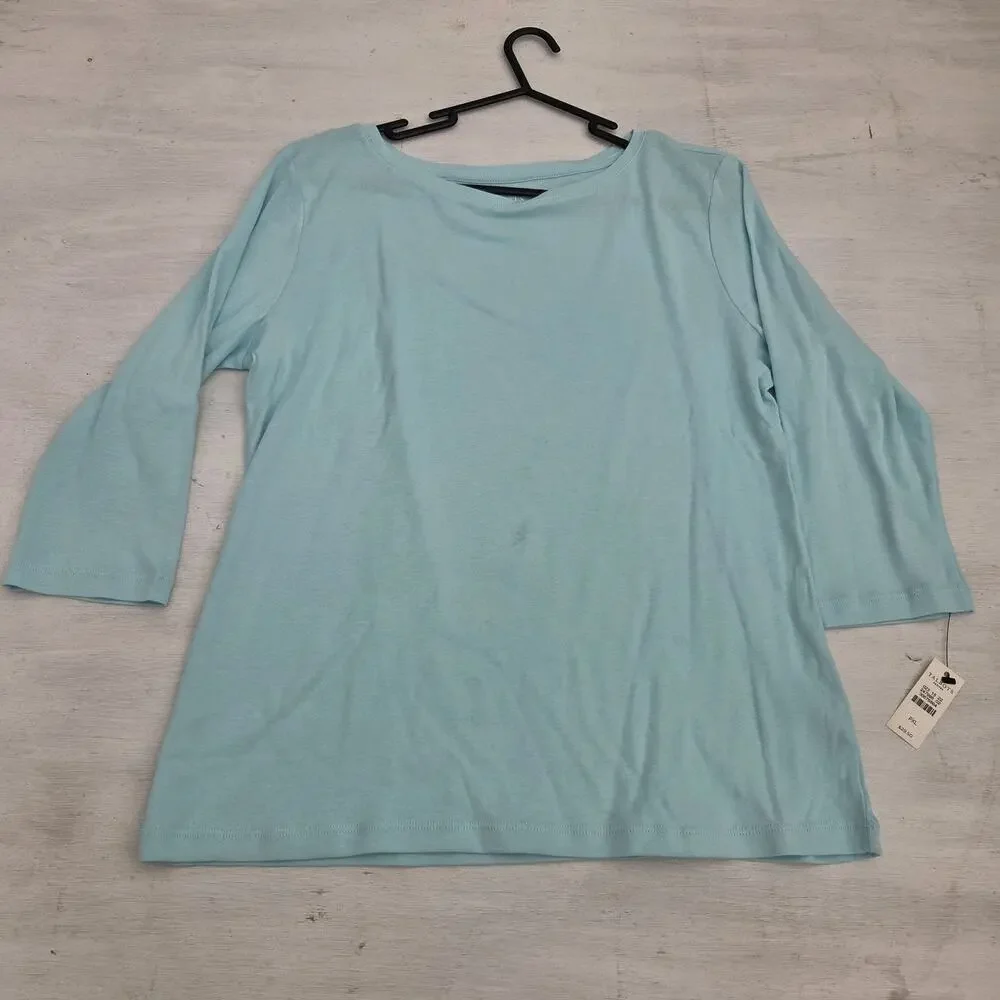 Talbots Womens Size XL Petite Blue 3/4 Sleeve Round Neck Top Pima Cotton